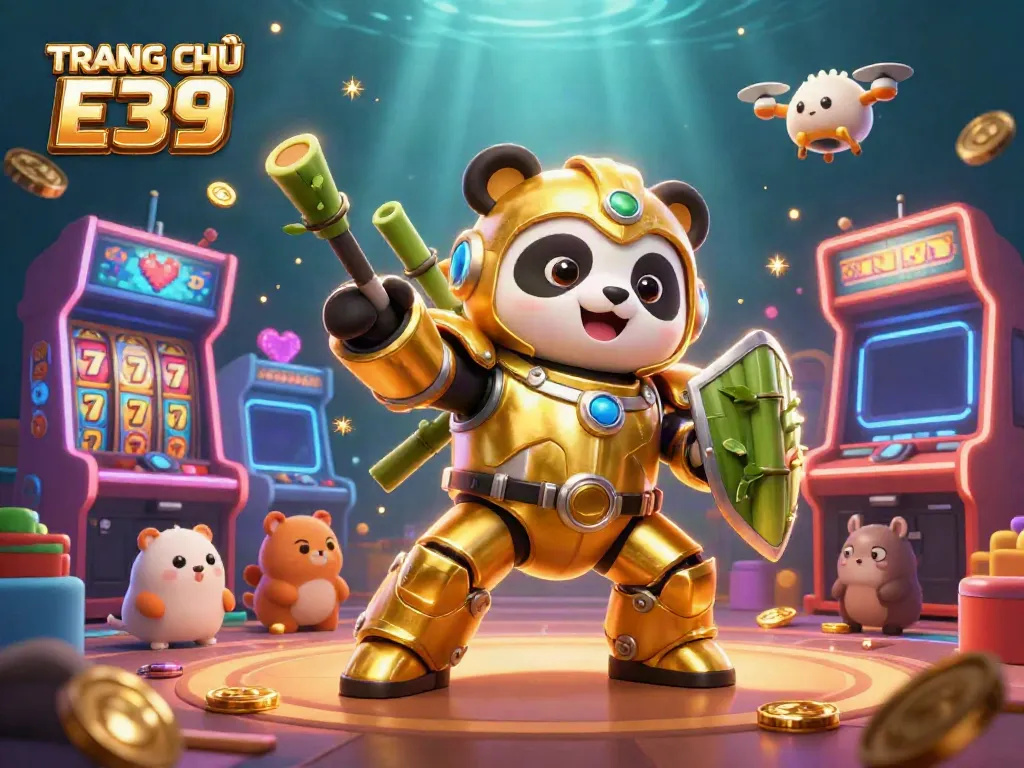 Engage with thrilling gameplay at TRANG CHỦ E39 featuring colorful slot machines and a captivating panda robot champion.