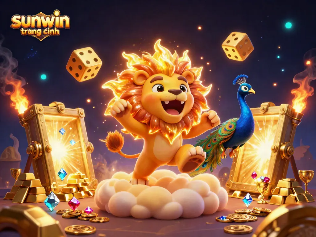 Experience excitement with sunwin trang chính as the vibrant sun lion roars amid treasures in this dynamic casino-themed illustration.