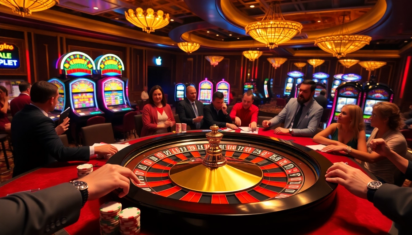 Experience the thrill of luck 8 at a bustling casino with vibrant roulette games and eager players.