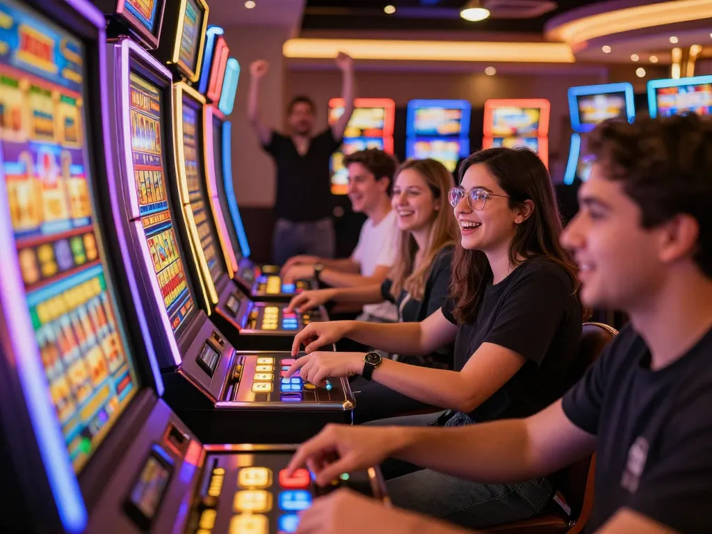 Players enjoying exciting link slot machines amid bright lights and lively atmosphere