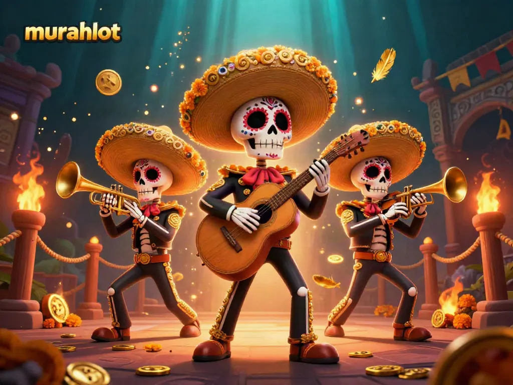 Kemenangan tinggi dengan slot murahslot yang dikelilingi karakter mariachi dalam permainan kasino.
