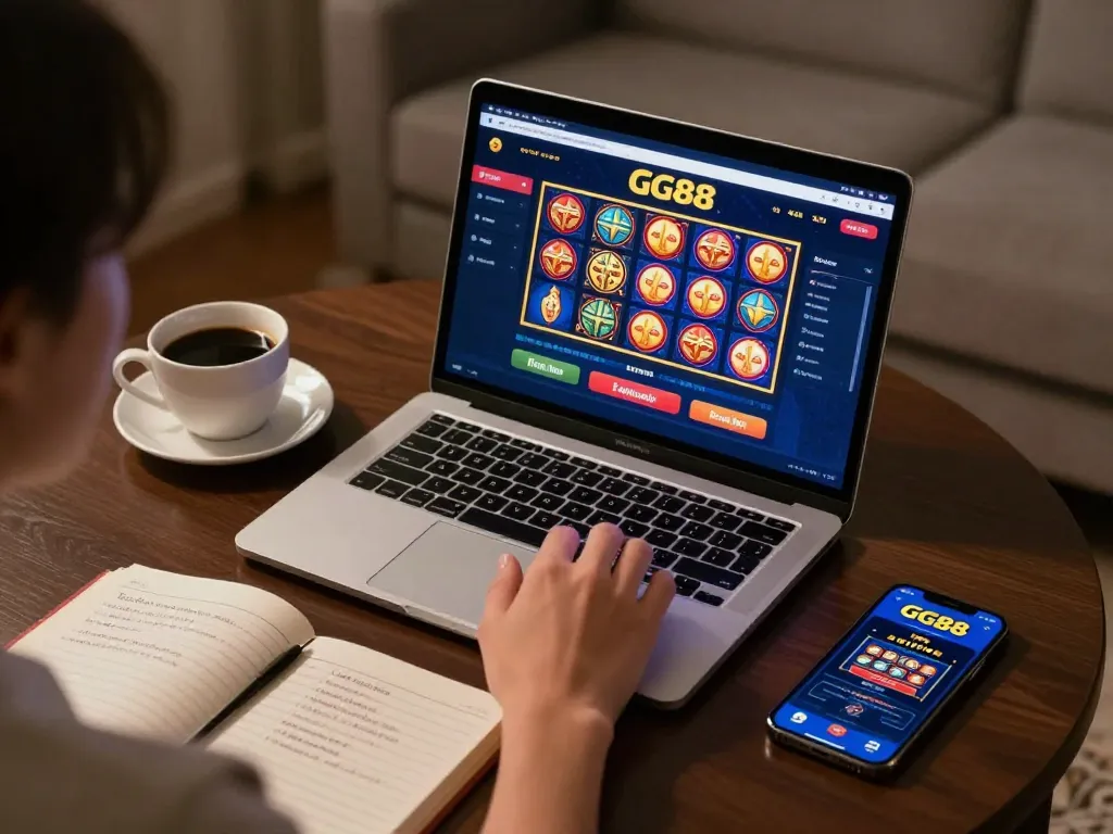 Player using GG88 app on laptop for online casino gaming while enjoying a coffee.