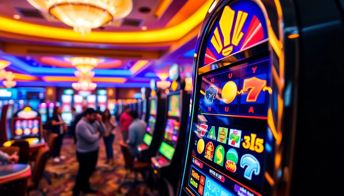 Menangkan slot gacor di mesin slot yang berwarna-warni dengan pemain bersemangat di kasino.