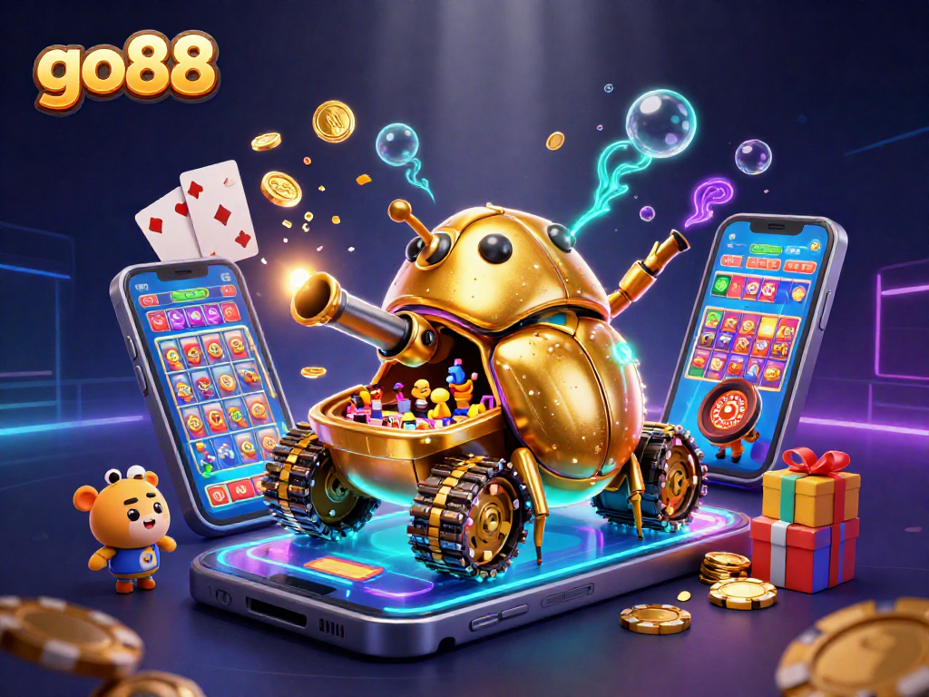 Engage with go88's vibrant casino experience featuring a golden beetle tank and colorful game elements