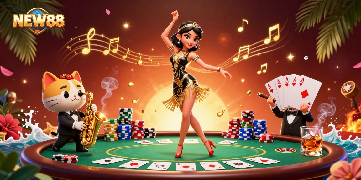 Immerse in the vibrant world of NEW88 with a dazzling 3D illustration blending glamorous characters and thrilling casino elements.