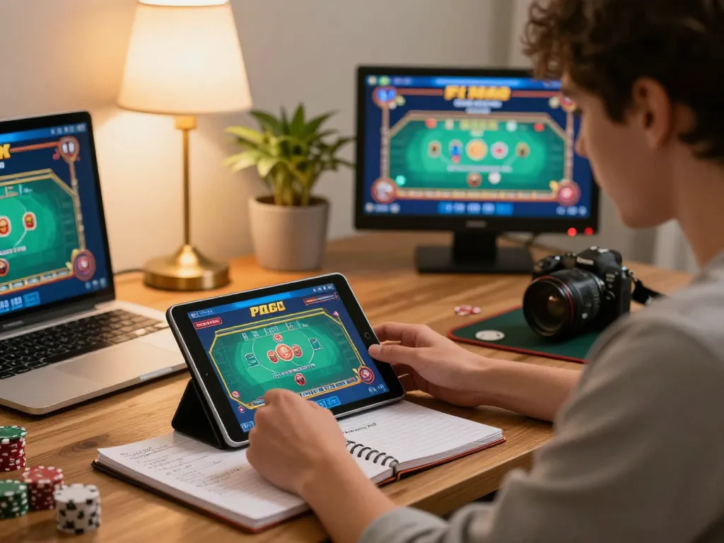 Player using tablet for strategic poker analysis at home, showcasing dh88 gaming atmosphere.