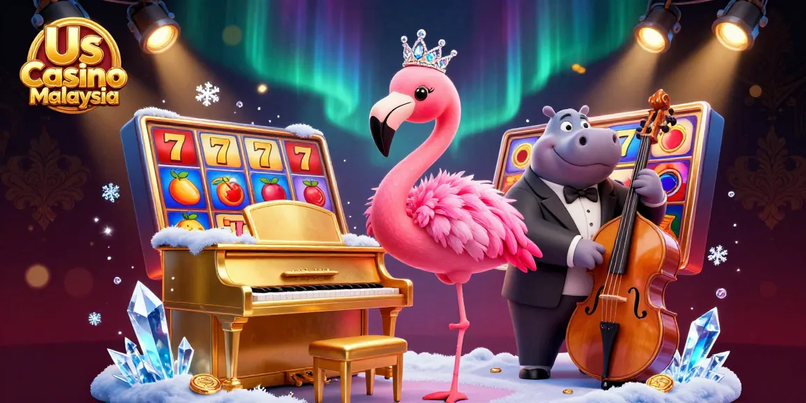 Experience the vibrant atmosphere of Us Casino Malaysia with a flamingo singer and hippo bassist amidst colorful gaming reels.