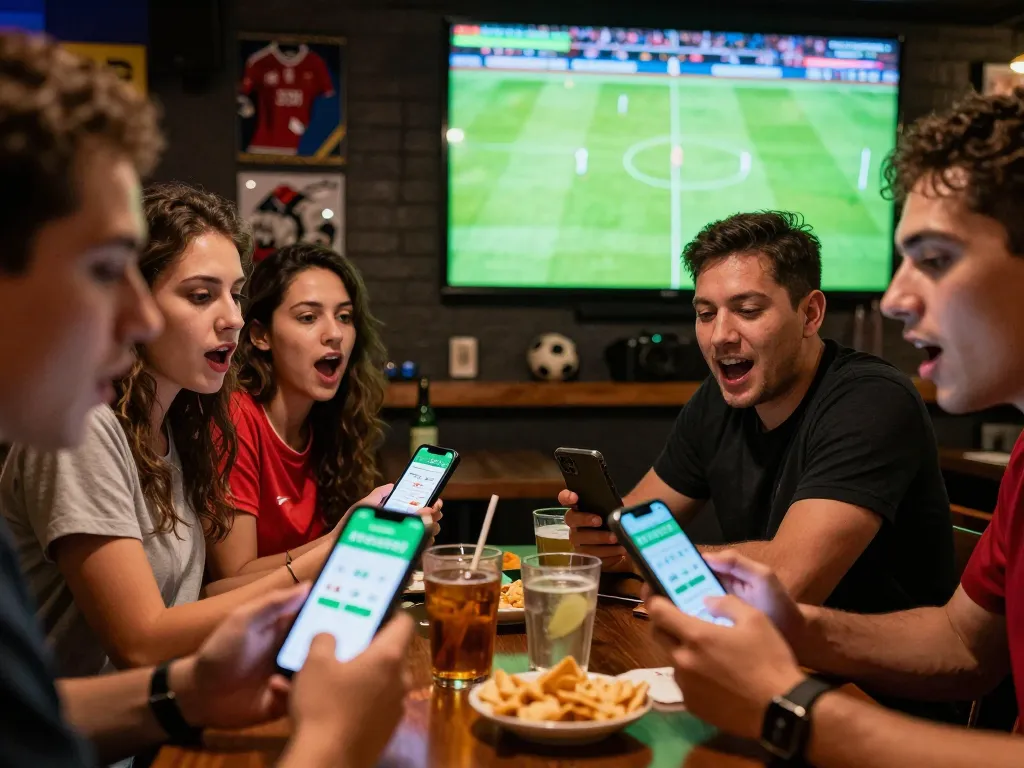 Tỷ lệ kèo nhà cái displayed on smartphones during an exciting football match in a sports bar setting.
