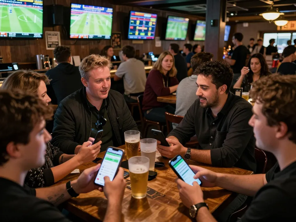 Sports betting excitement at 11win as patrons engage lively with mobile apps during games.