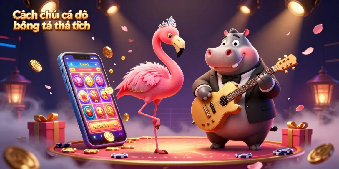 Cách chơi cá độ bóng đá luôn thắng illustrated as a vibrant casino scene with a flamingo singer and a hippo bassist.