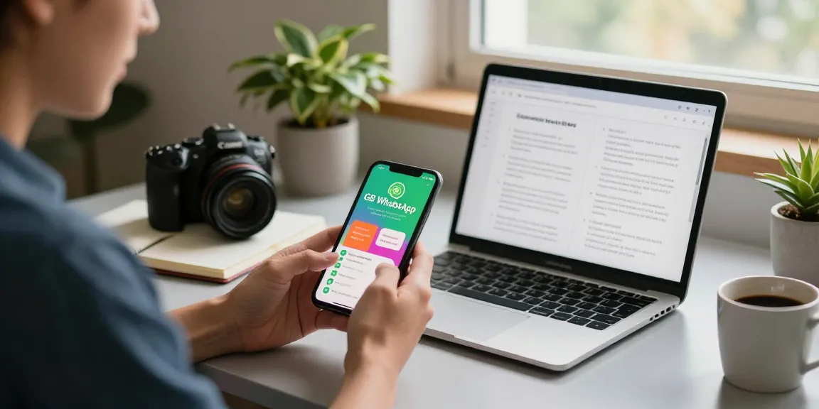 gb whatsapp user navigating features on smartphone in a cozy home office