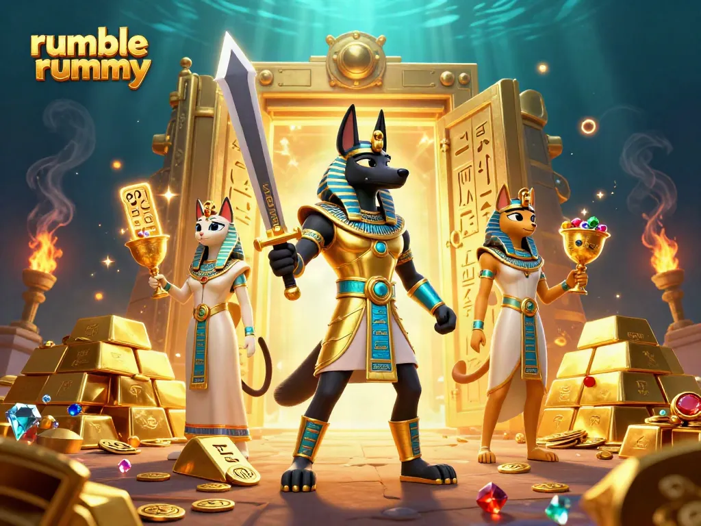 Engage in Rumble Rummy with ancient warriors surrounded by treasures and glowing elements.