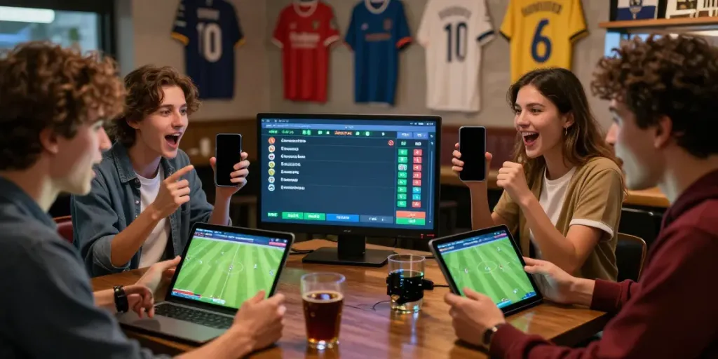 Exciting group of friends engaging with Statymu Zona while watching live football.