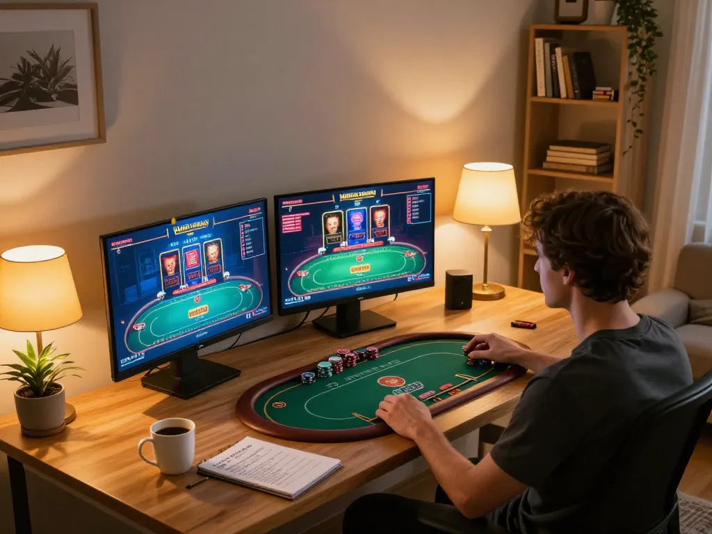Engaged player using energileisureparks for online poker and slot games, showcasing strategic gameplay at home.
