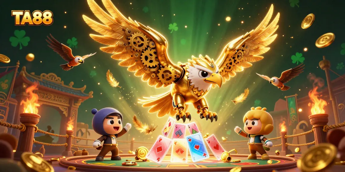 Bet on the TA88 casino with a cybernetic eagle diving through playing cards in a rich atmosphere