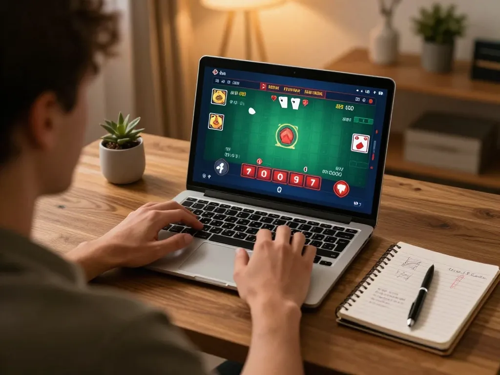 Engaging in GAME BÀI MM99 online blackjack from a cozy home setup, showcasing laptop gameplay.
