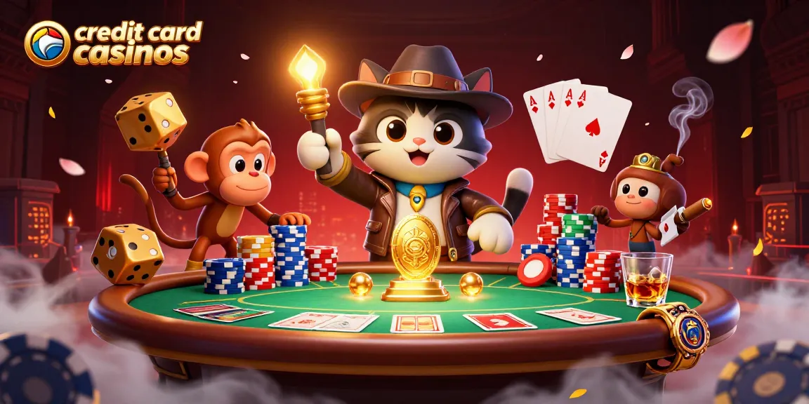 Exciting scene of credit card casinos featuring a cartoon cat explorer discovering treasures in a casino temple.