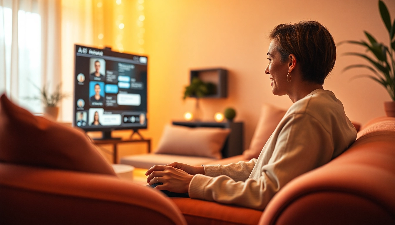 Engaging scene of a user experiencing free ai sex chat with an AI companion in an intimate, cozy setting.