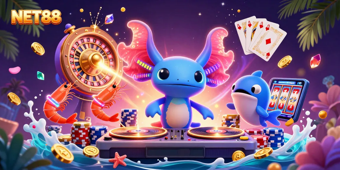 Experience the excitement of NET88 with vibrant casino-themed characters and elements in a lively illustration.