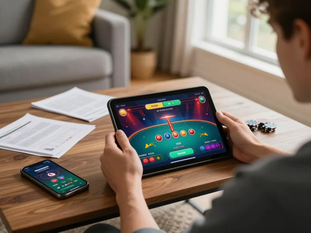 Sun win online gaming experience with strategic poker gameplay on a tablet amidst a cozy home setting.