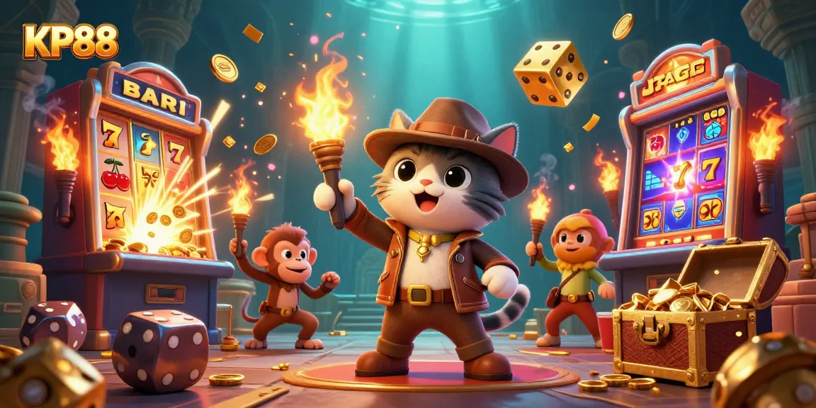 KP88 explorer cat uncovers golden casino treasures amid dynamic slots and vibrant gaming elements.