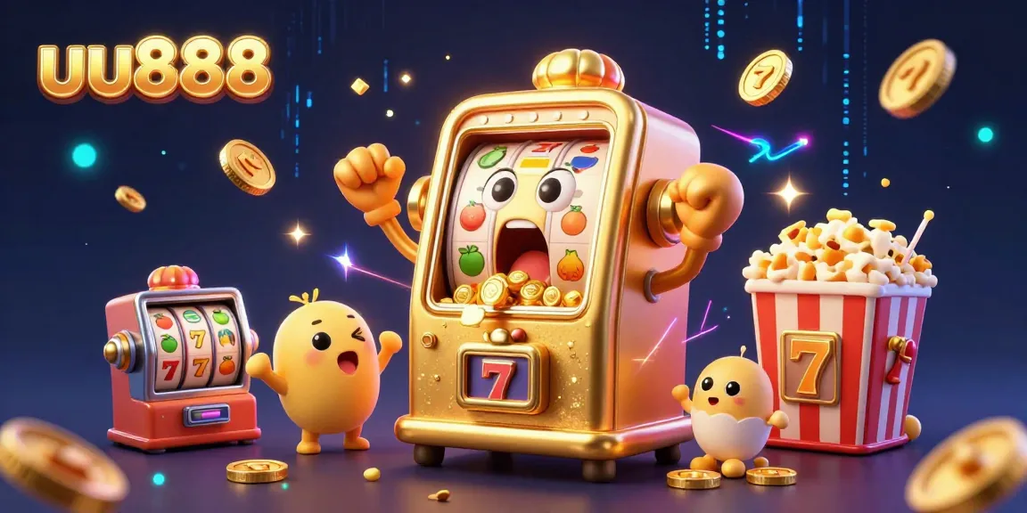 Spin the golden slot machine at uu888 for thrilling jackpots in a vibrant casino scene.