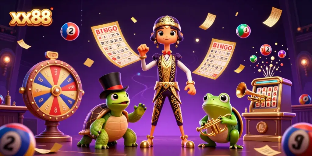 Experience the excitement of xx88 with vibrant 3D characters and dynamic casino elements in this lively illustration.