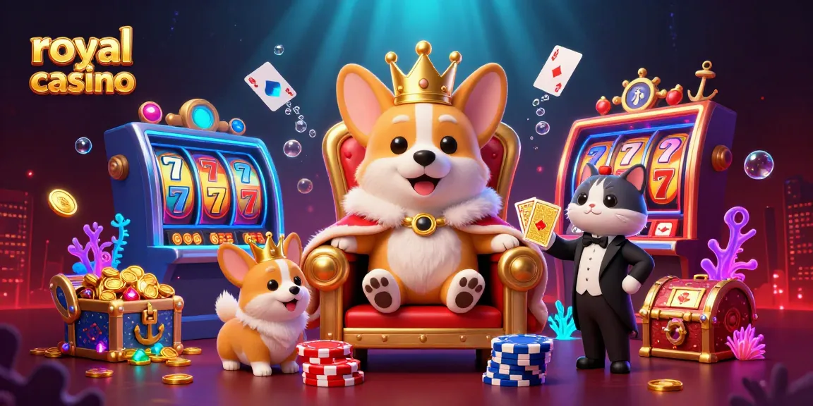 Experience royal casino fun with a 3D illustration of a crowned corgi in a vibrant gaming scene, surrounded by gold coins and playing cards.