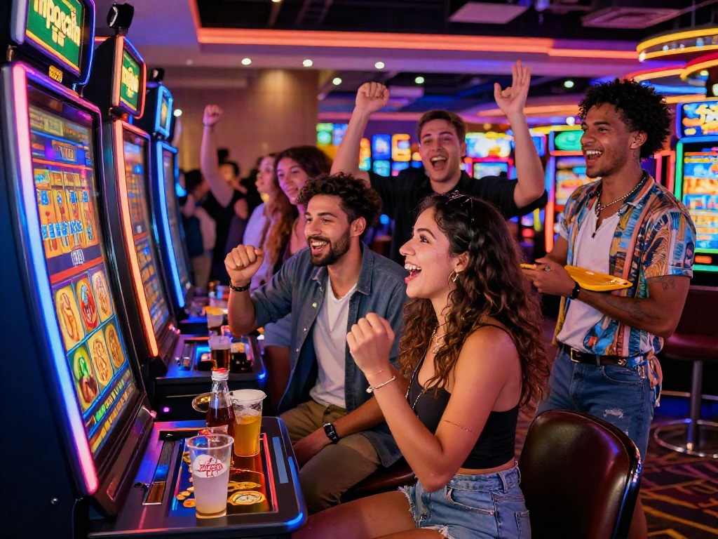 Celebrating friends enjoying mpocash gaming experience in vibrant casino atmosphere with neon lights.