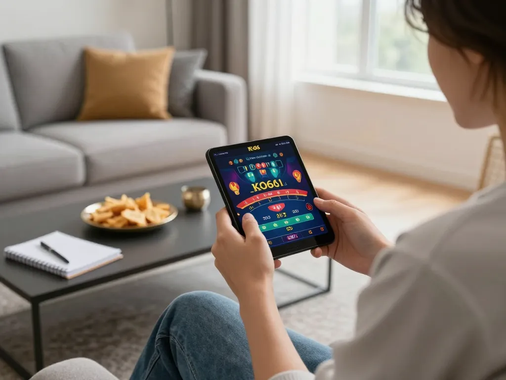 Engaging with the KO66 com mobile app for live casino gaming in a cozy living room