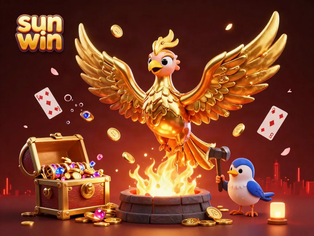 Experience thrilling wins at sun win with a molten gold phoenix and festive game elements in vibrant 3D detail.