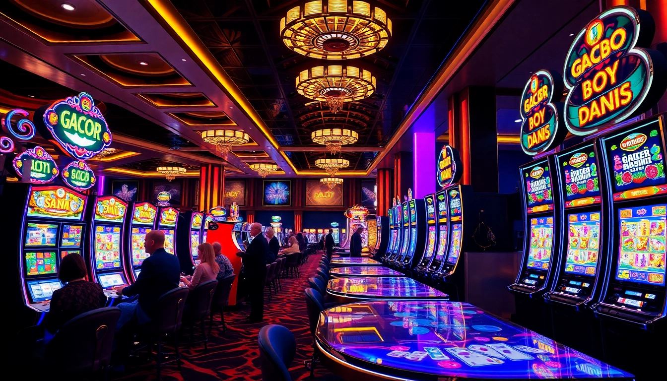 Experience the thrill of slot gacor demo with vibrant slot machines and excited players.