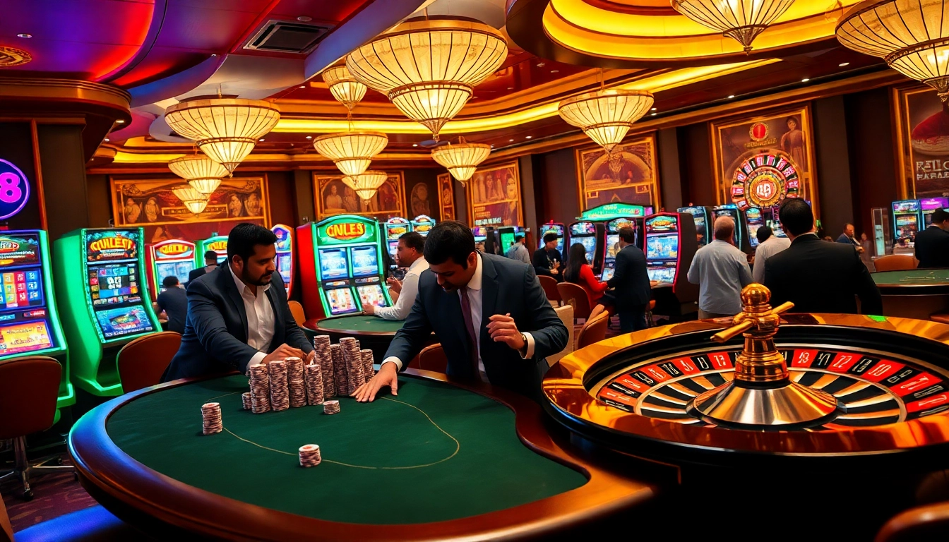 Excited players winning at M88 casino tables with vibrant slot machines and roulette wheel.