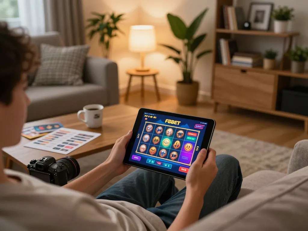 Engaging in online gaming on the F8BET app, enjoying a comfortable home environment.
