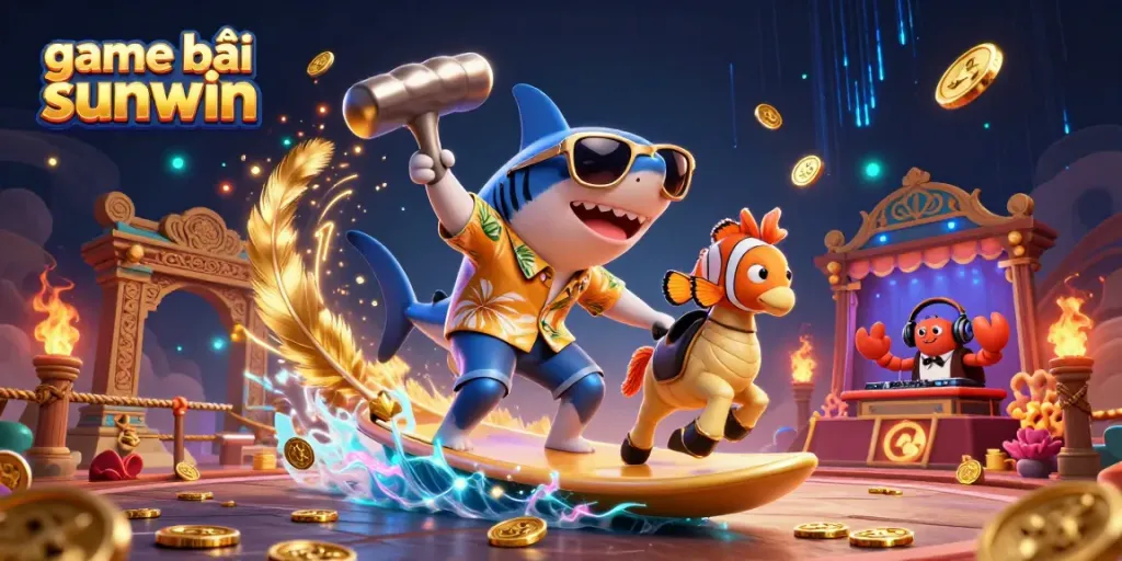 Experience game bài sunwin with a thrilling scene featuring a shark and a clownfish amidst gold coins.