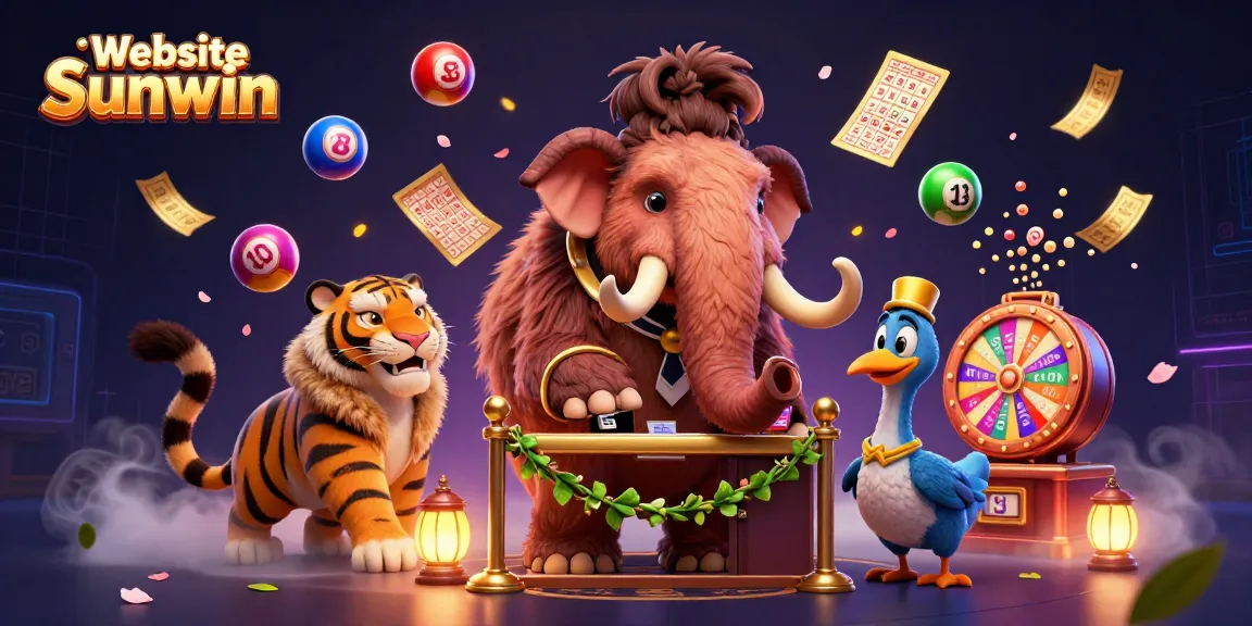 Experience excitement at Website Sunwin's dynamic scene with colorful lottery elements and whimsical characters entertaining
