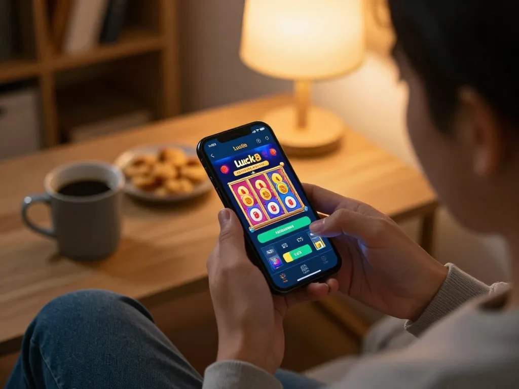 Accessing the Luck8 app for seamless gaming experience while enjoying home ambiance.