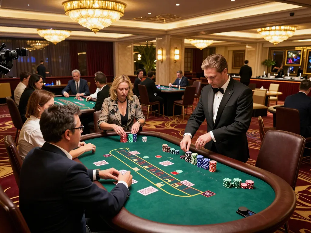 Players enjoying strategic gameplay at a luxury nk88 casino table, vibrant atmosphere.
