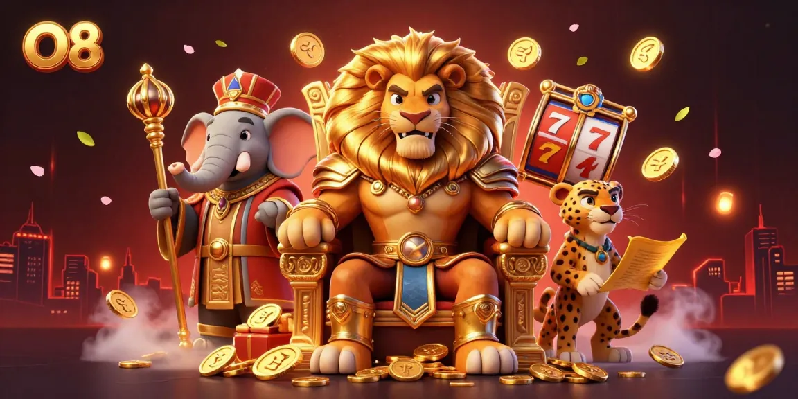 Experience thrilling adventures at O8 with 3D cartoon characters in a dynamic casino scene.
