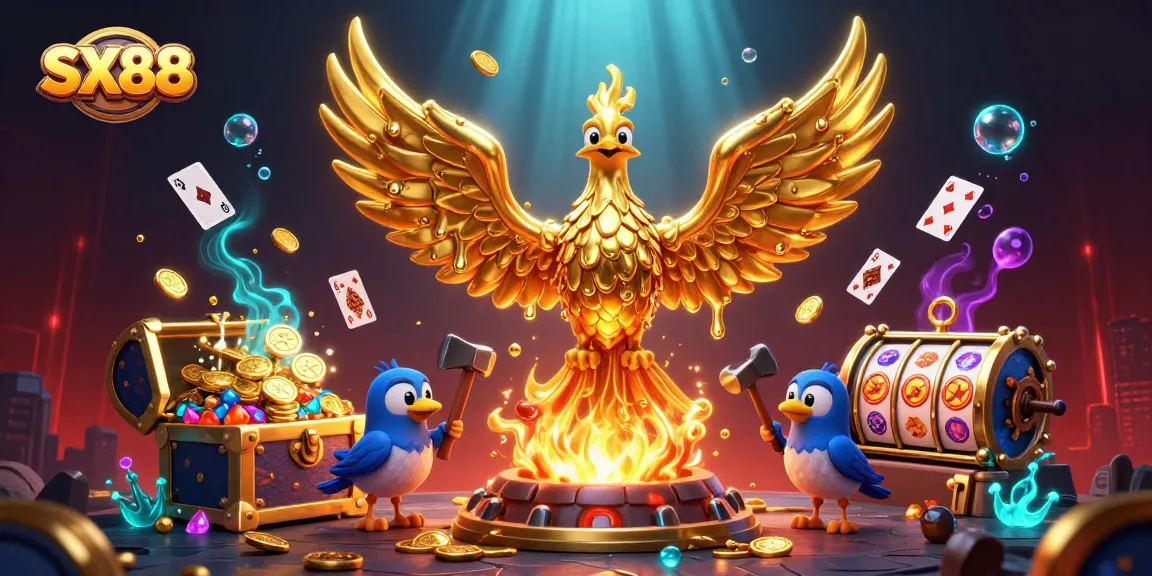 SX88 features a golden phoenix and molten elements, enhancing the online casino gaming experience.