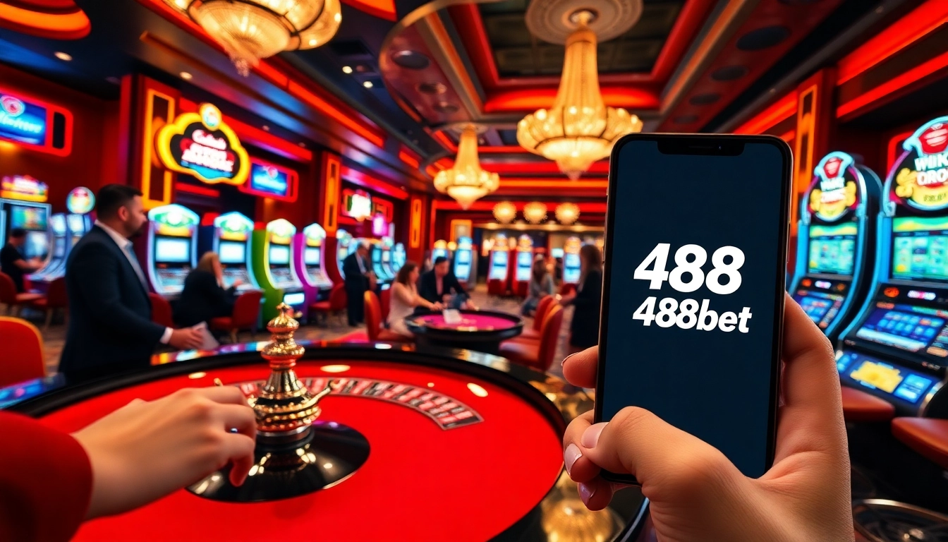 Vive la emoción de ganar en 488bet con escenas de juego vibrantes y elementos de casino de lujo.