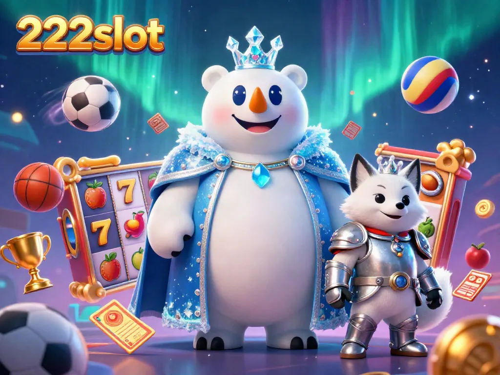 Visualisasi 222slot dengan karakter beruang kutub dan rubah bersenjata dalam suasana slot, elemen kasino, dan energi aurora.