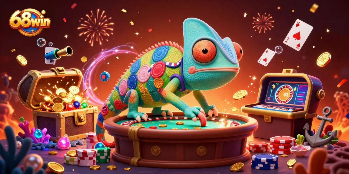 Experience thrilling gameplay at 68win, featuring a colorful chameleon casino owner amidst celebrations.