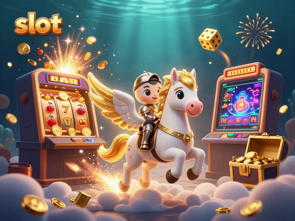 Slot mesin 3D dengan koin dan efek jackpot yang spektakuler, diperlihatkan dalam ilustrasi ceria.