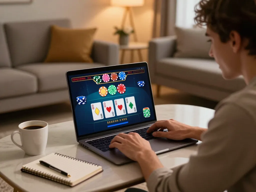 Player engaged in online blackjack at https://mm88.blog/ with laptop showing vibrant card animations and cozy lighting.