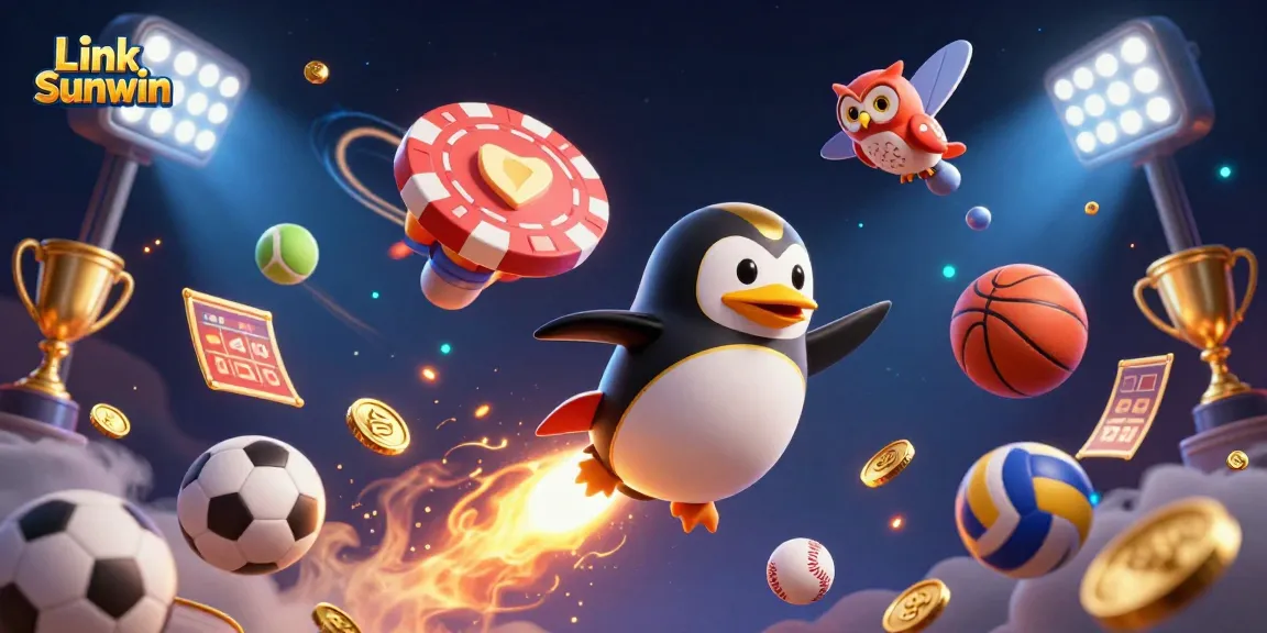 Experience thrilling wins at Link Sunwin with our vibrant casino-themed digital illustration showcasing dynamic game elements and a penguin in space.