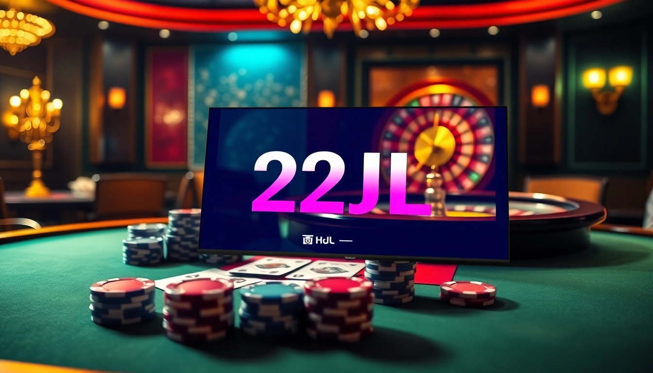 Experience the thrilling world of gambling at 22JL with a luxurious poker table and roulette wheel.