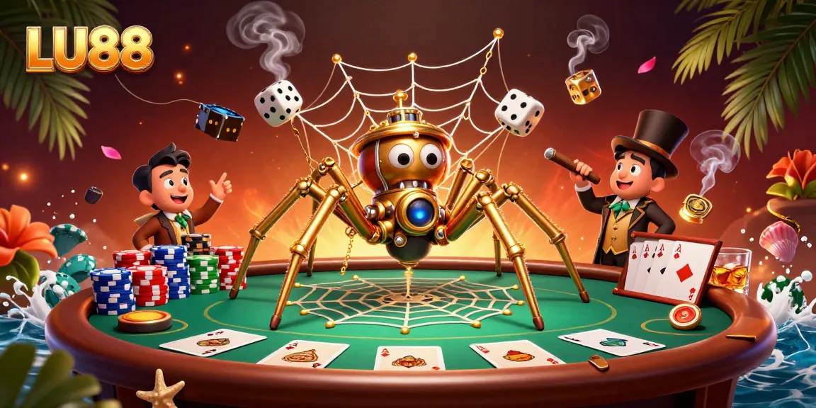 Experience excitement with LU88 as the steampunk spider catches dice amidst vibrant casino themes.
