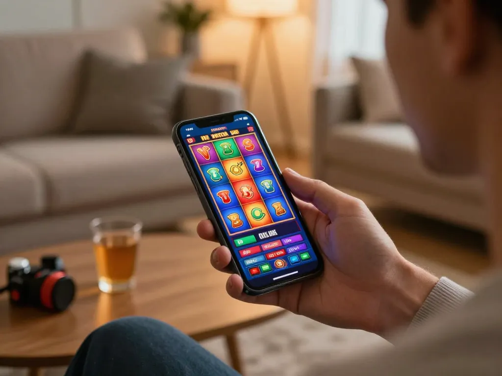 Player enjoying kubet app on smartphone with vibrant slot reels displayed, showcasing dynamic online gaming action.