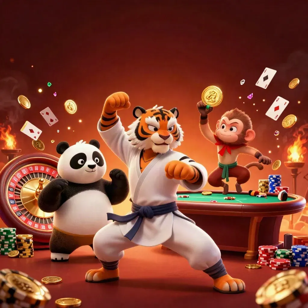 Kung-fu tiger, panda, and monkey amid poker chips, coins, cards, and a spinning roulette wheel.